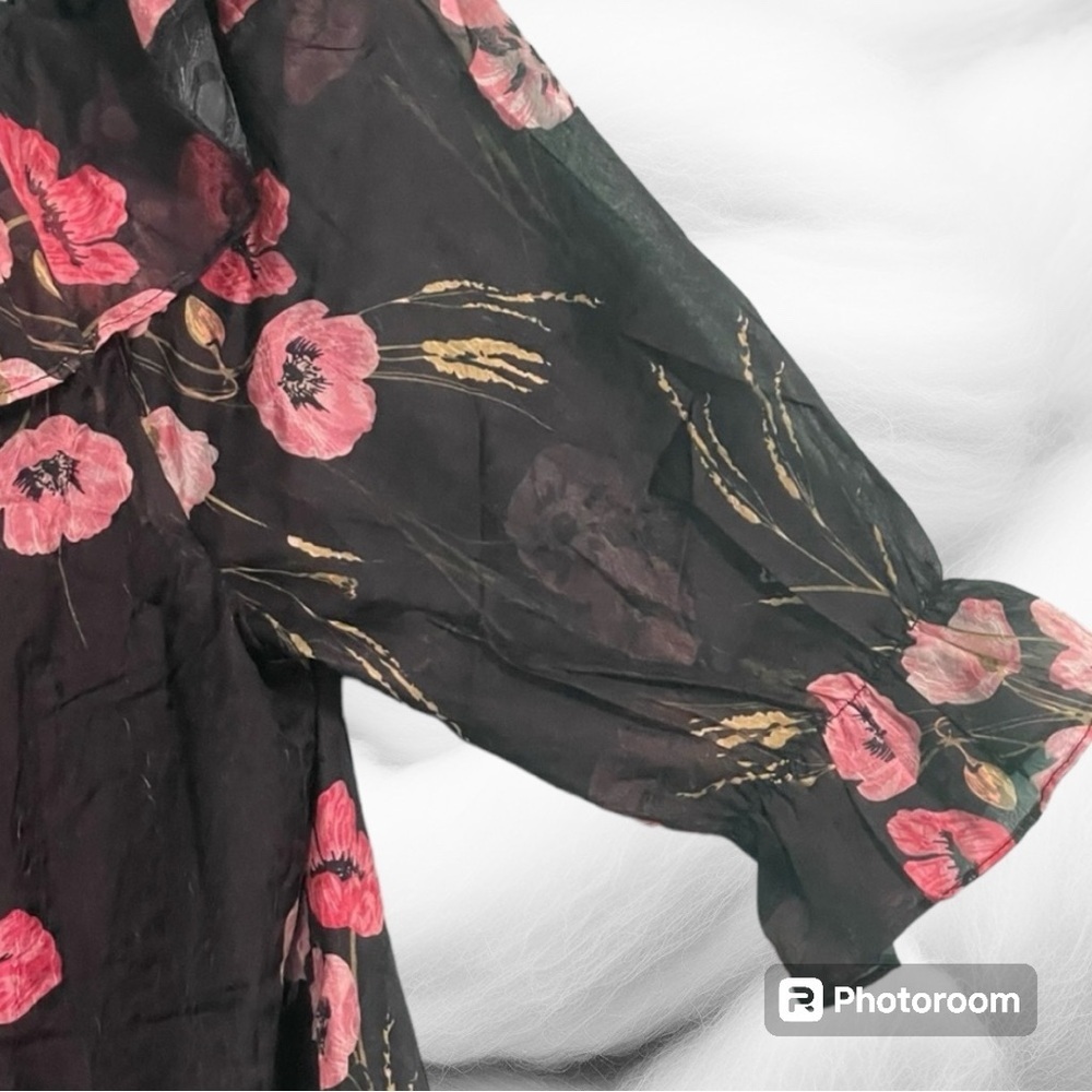 Kate & Mallory top XL ruffle neckline sheer floral over lined bodice adj sleeves - Picture 6 of 12
